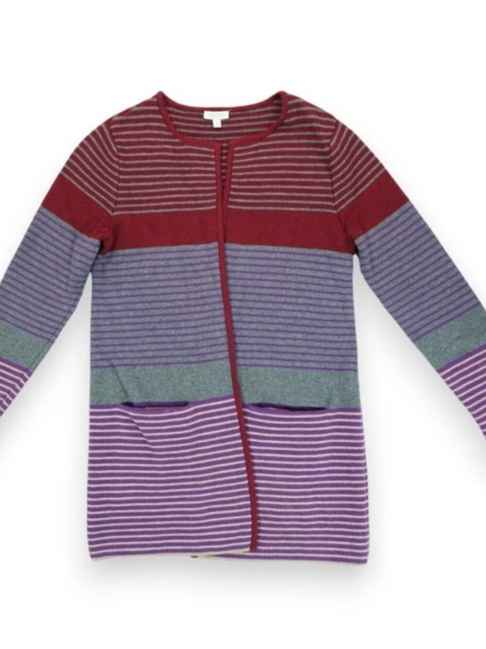 Talbots Maroon Purple Gray Striped Open Knit Cardigan Sweater